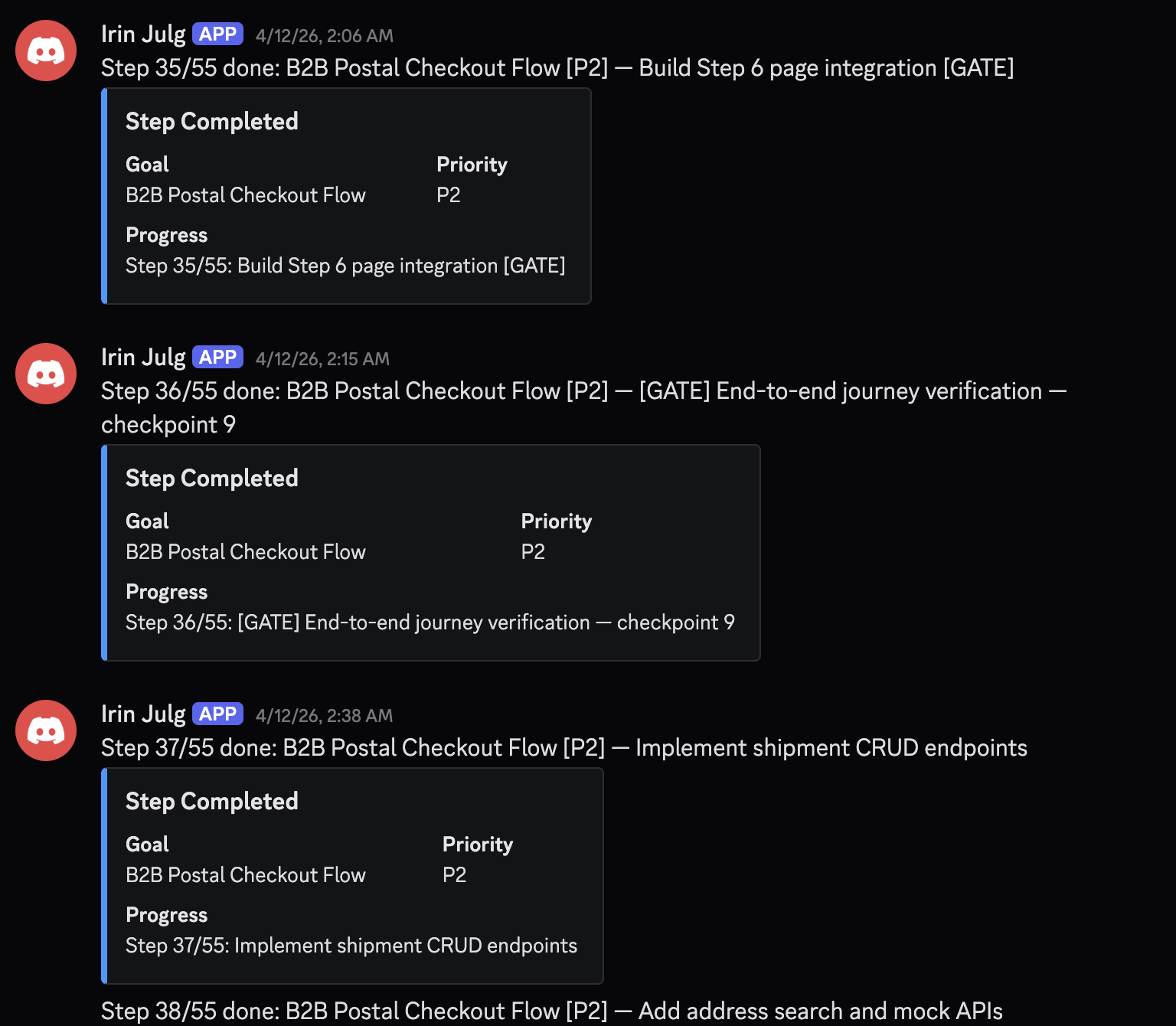 Discord workspace owned and operated by the autonomous agent, posting its own status updates