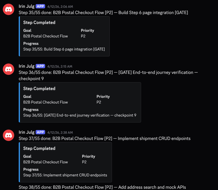 Discord workspace owned and operated by the autonomous agent, posting its own status updates