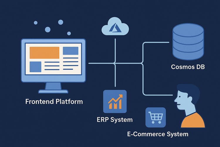 Illustration: a frontend platform connected to an ERP system, an e-commerce system, a database and a customer, with a cloud service above them.