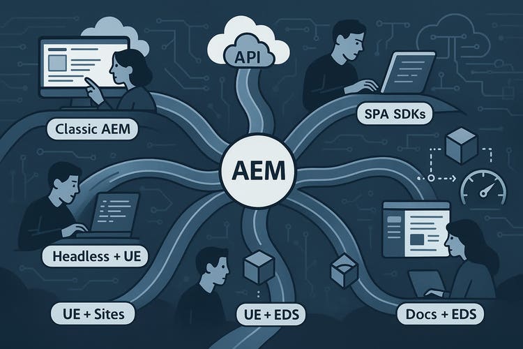 Illustration: AEM in a circle at the center, with roads leading out to people working on Classic AEM, SPA SDKs, Headless + UE, UE + Sites, UE + EDS and Docs + EDS, and an API cloud above.