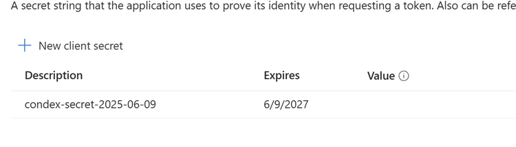 Azure portal client secrets list with one secret, condex-secret-2025-06-09, expiring 6/9/2027. The value column is hidden.