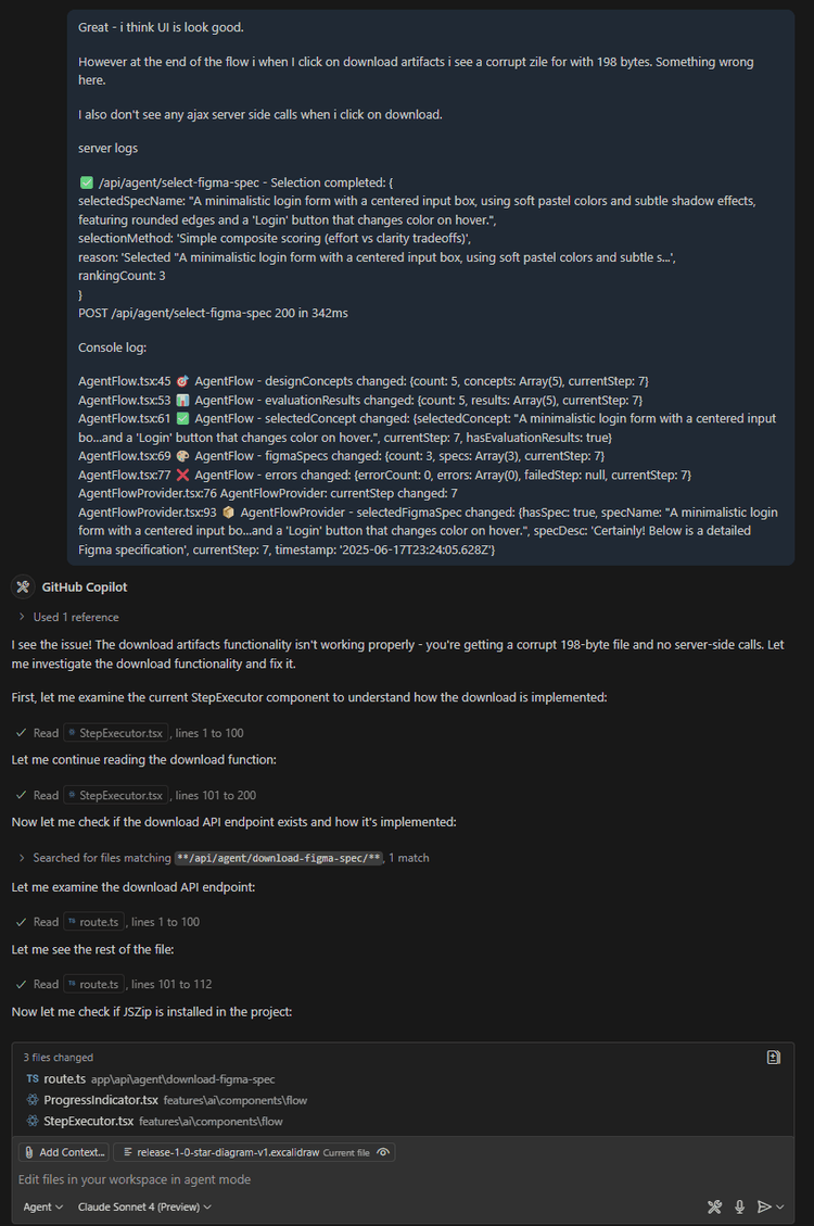 My message in the editor's agent chat: the UI looks good, but download artifacts gives a corrupt 198-byte zip and no server-side call, followed by the server log and browser console log. The agent reads StepExecutor.tsx and the download route, then changes three files.