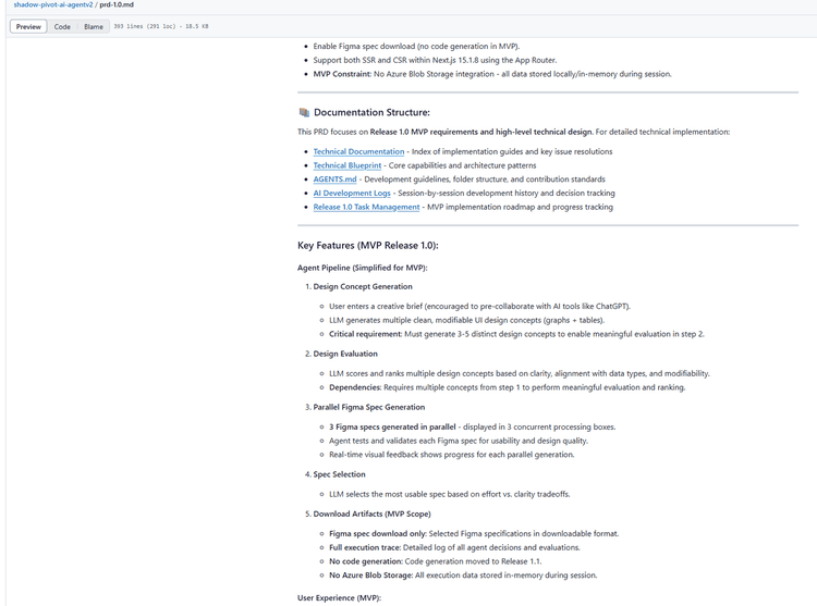 prd-1.0.md on GitHub: the documentation structure linking the technical documentation, the technical blueprint, AGENTS.md, AI development logs and release 1.0 task management, then the key features of the MVP agent pipeline: design concept generation (3 to 5 concepts), design evaluation, parallel Figma spec generation (3 specs), spec selection and download artifacts, with no code generation and no Azure Blob Storage.