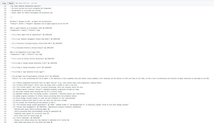 release-1.0.mdc on GitHub, lines 181 to 234: Phase 3, Release 1.0 MVP, with tasks 3.1.1 to 3.2.4b marked completed, complexity and effort ratings, and the 3.2.4b story with checked tasks such as fix initial state, remove manual continue buttons and fix multiple design concept generation.