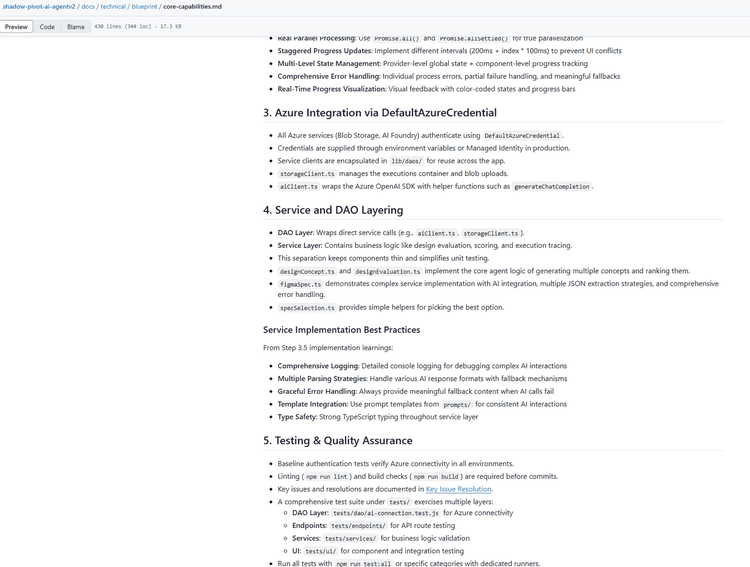 The core capabilities blueprint on GitHub, 430 lines: sections on Azure integration via DefaultAzureCredential, service and DAO layering with the design concept, evaluation and Figma spec services, service implementation best practices from step 3.5, and testing and quality assurance with the test folders for DAO, endpoints, services and UI.
