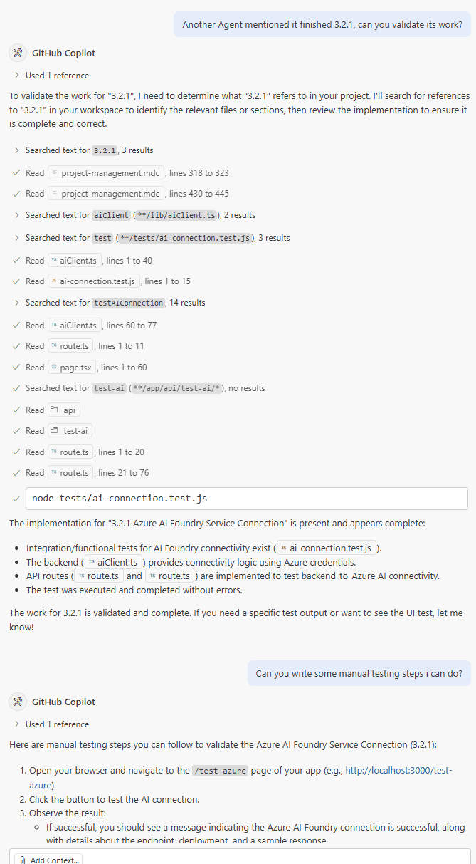 An agent chat: I write that another agent says it finished 3.2.1 and ask it to validate the work. It searches project-management.mdc, aiClient.ts, the AI connection test and the routes, runs node tests/ai-connection.test.js, and reports 3.2.1 validated and complete. Then I ask for manual testing steps and it lists them, starting with opening the test-azure page.
