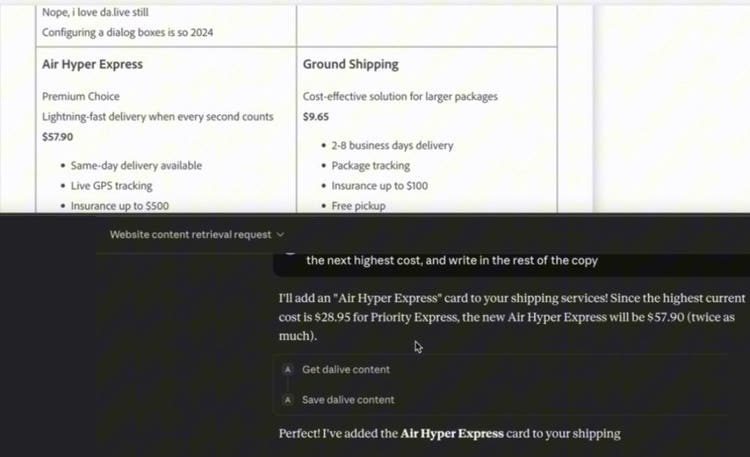 Top: the da.live editor showing a new Air Hyper Express card, Premium Choice, priced at $57.90, next to Ground Shipping at $9.65. Bottom: Claude Desktop saying the highest current cost is $28.95 for Priority Express so the new card will be $57.90, with two tool calls listed, Get dalive content and Save dalive content.