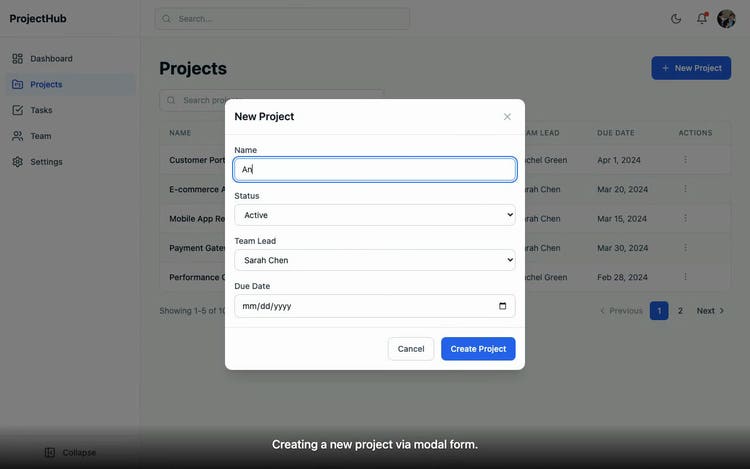 The New Project modal over the Projects table, with Name, Status, Team Lead and Due Date fields and a Create Project button, and the caption Creating a new project via modal form.