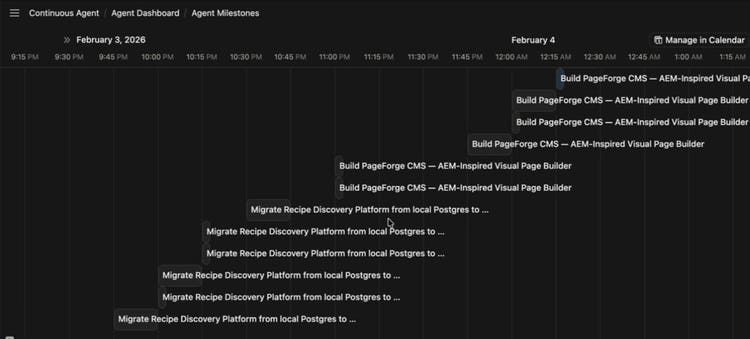 Notion timeline titled Continuous Agent, Agent Dashboard, Agent Milestones, from 9:15 PM on February 3, 2026 to 2:15 AM on February 4. Milestones for Migrate Recipe Discovery Platform from local Postgres run first, then milestones for Build PageForge CMS, an AEM-inspired visual page builder, after midnight.