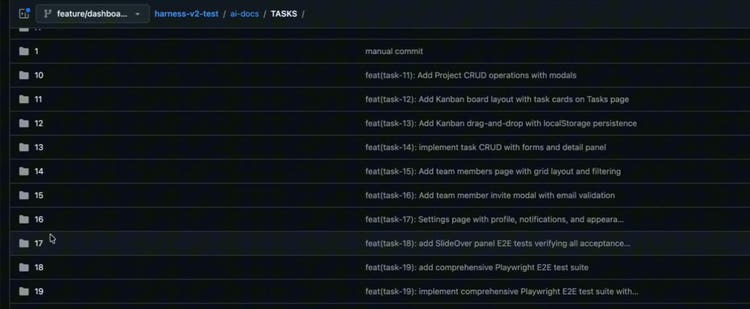 GitHub folder listing of harness-v2-test ai-docs/TASKS on the feature/dashboard-mvp branch, with numbered task folders and commit messages such as feat(task-12): Add Kanban board layout with task cards on Tasks page and feat(task-21): Add highlights demo script with voice-over.