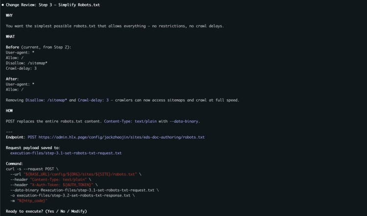 Claude Code terminal showing Change Review: Step 3, Simplify Robots.txt. WHY: you want the simplest possible robots.txt. WHAT: before, User-agent star, Allow slash, Disallow /sitemap star, Crawl-delay 3; after, User-agent star and Allow slash. HOW: POST replaces the entire robots.txt content, Content-Type text/plain with --data-binary. Endpoint POST https://admin.hlx.page/config/jackzhaojin/sites/eds-doc-authoring/robots.txt, the request payload file, and the full curl command.