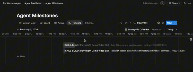 The Agent Milestones database in Notion, timeline view for February 1, 2026, showing two SKILL-BUILD rows for a Playwright demo video skill, each with its contract ID