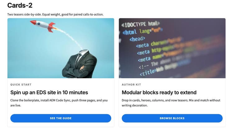 The live teaser page today: two cards with uppercase eyebrows, Quick start and Author kit, and full-width blue pill buttons, See the guide and Browse blocks, aligned at the bottom of each card