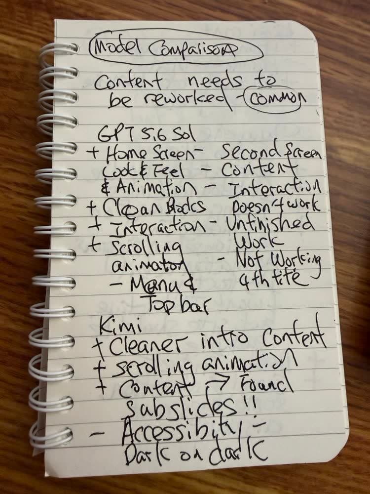 Handwritten notebook page titled Model Comparison. At the top, circled: content needs to be reworked, common. GPT 5.6 Sol: plus home screen look and feel and animation, plus clean blocks, plus interaction, plus scrolling animation; minus second screen content, minus interaction doesn't work, minus unfinished work, minus not working on the 4th tile, minus menu and top bar. Kimi: plus cleaner intro content, plus scrolling animation, plus content found, plus subslides with two exclamation points, minus accessibility, dark on dark.