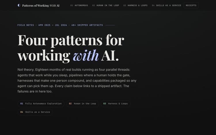 Claude Fable 5 home screen: Four patterns for working with AI, with a short paragraph about eighteen months of real builds and four pattern chips