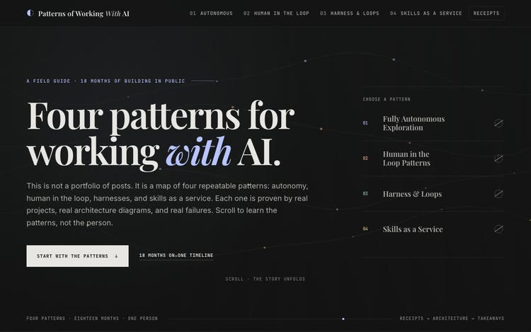The merged home screen: GPT's layout with the pattern list on the right, and Kimi's wording, Four patterns for working with AI