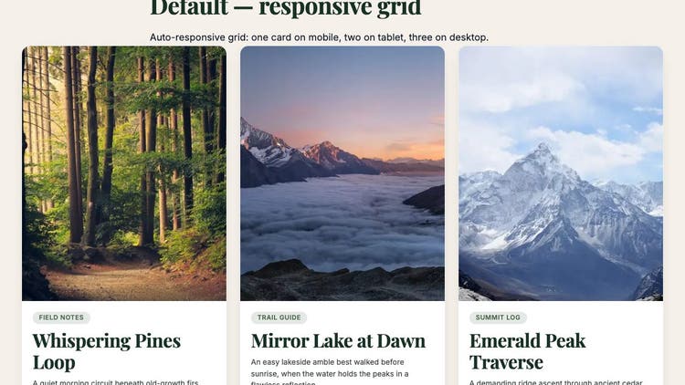 Cards block, V1: the same three trail cards with nearly the same layout and slightly larger headings