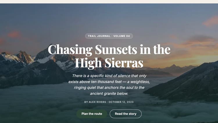 Hero block, V0 from Google Stitch: a mountain sunset photo with a centered serif headline, Chasing Sunsets in the High Sierras, an italic subtitle and two green pill buttons