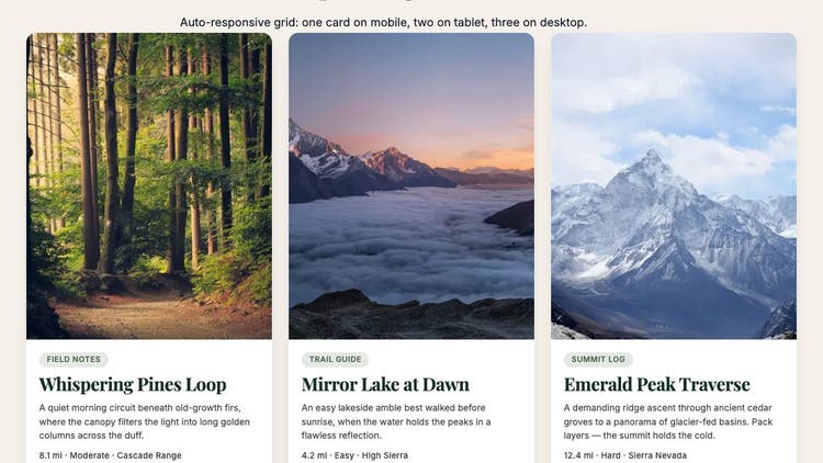 Cards block, V0: a three-column grid of trail cards with photos, small category chips and serif headings, Whispering Pines Loop, Mirror Lake at Dawn, Emerald Peak Traverse