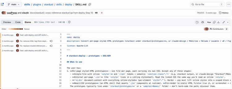 GitHub blame view of adobe/skills plugins/stardust/skills/deploy/SKILL.md: 963 lines, 140 KB, two contributors. The top of the file names the skill stardust:deploy, prototypes to EDS/AEM, and lists the prototype shapes it accepts and the vanilla aem-boilerplate it targets.