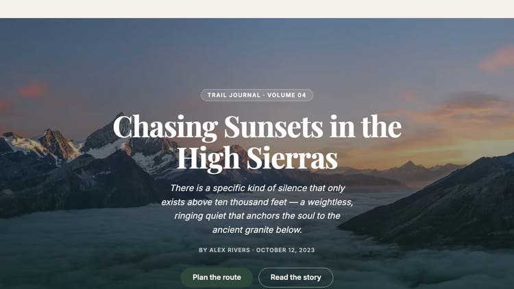 Hero block, V1 from Stardust: the same photo and centered serif headline with a darker scrim and slightly different spacing