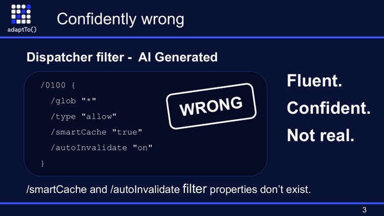 Slide titled Confidently wrong: an AI-generated Dispatcher filter with /smartCache and /autoInvalidate properties, stamped WRONG, next to the words Fluent. Confident. Not real. The caption says those filter properties don't exist.