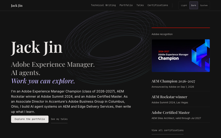 The home page on Edge Delivery Services in dark mode, matching the GitHub Pages version