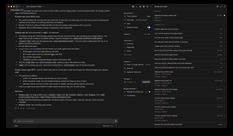 The session's summary of what is left: the staging edge built and tested locally, the route table tests passing, and the steps waiting on Jack: the staging DNS record, wrangler login, deploy, and the host check