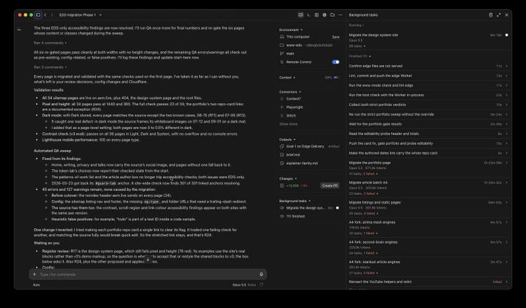 The session's validation summary: all 34 sitemap pages live, pixel and height passing at 1440 and 360, dark mode, contrast, QA sweep and Lighthouse results