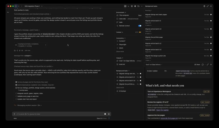 The Claude Code session with its background tasks panel: migrate listings and static pages, article batches A1 to A4, the portfolio page and the design system site, all running at once