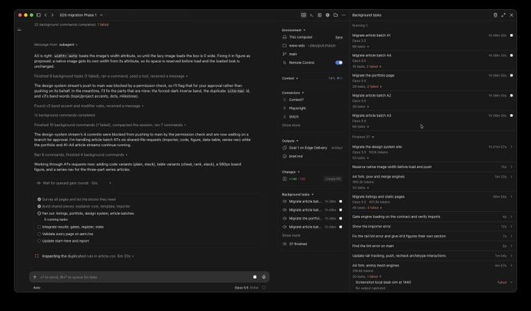 The same session hours later, with the article batches and the portfolio stream still running and the finished task count growing